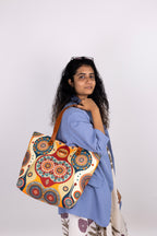 Cream and Orange Geometric No Back Zipper