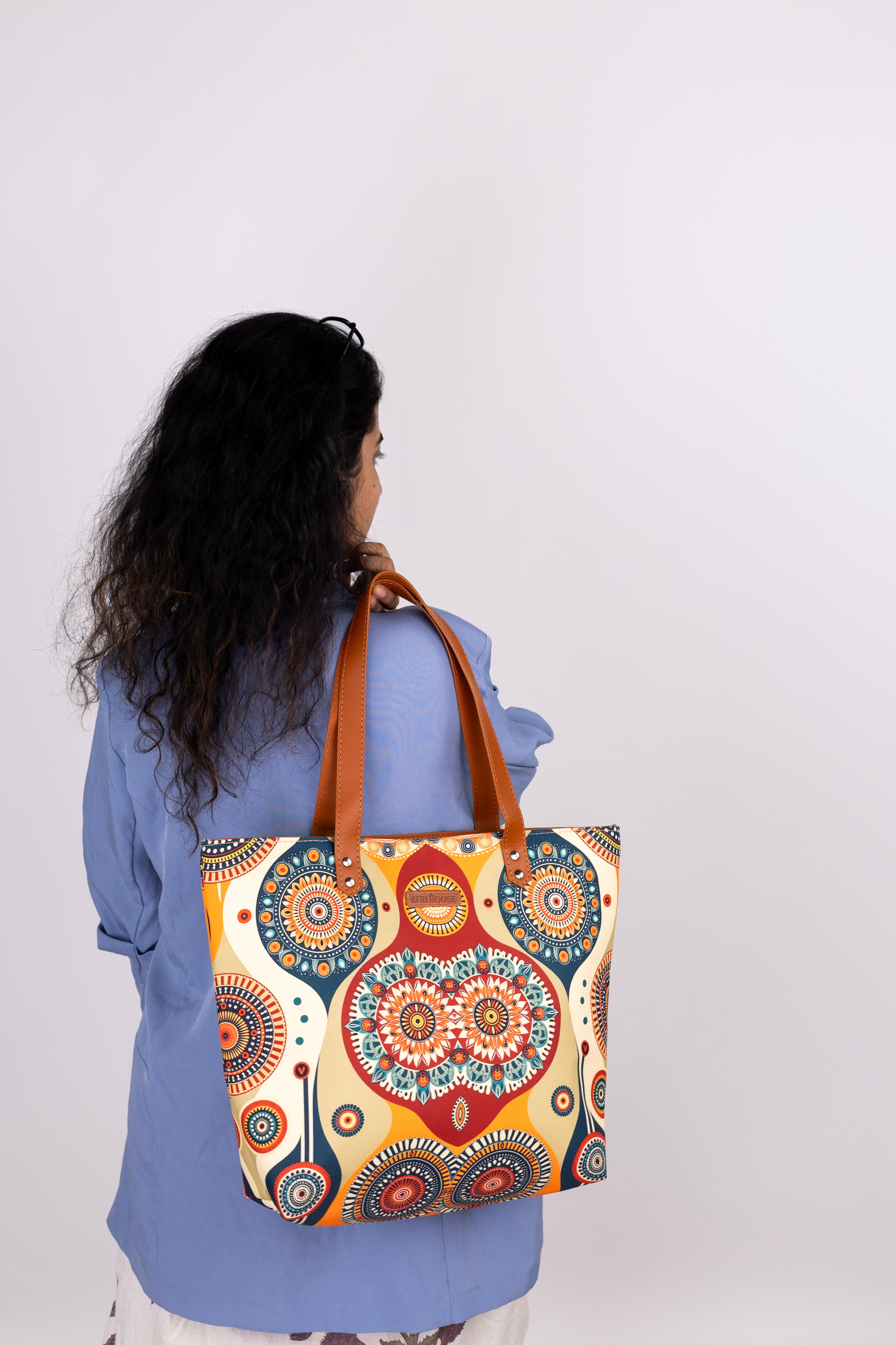 Cream and Orange Geometric No Back Zipper
