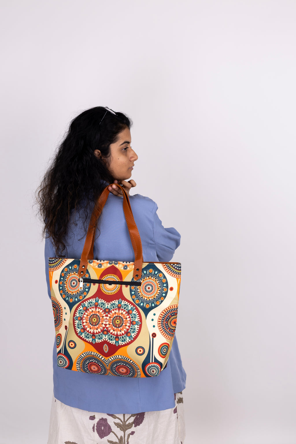Cream and Orange Geometric Back Zipper