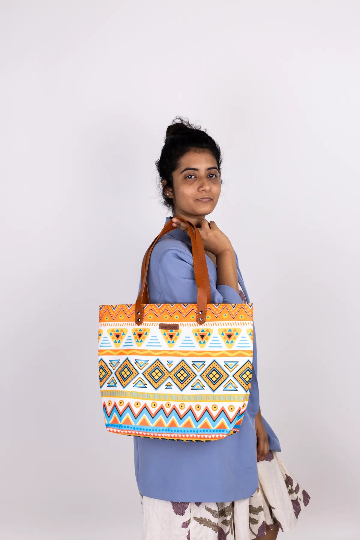 White and Orange Geometric No Back Zipper