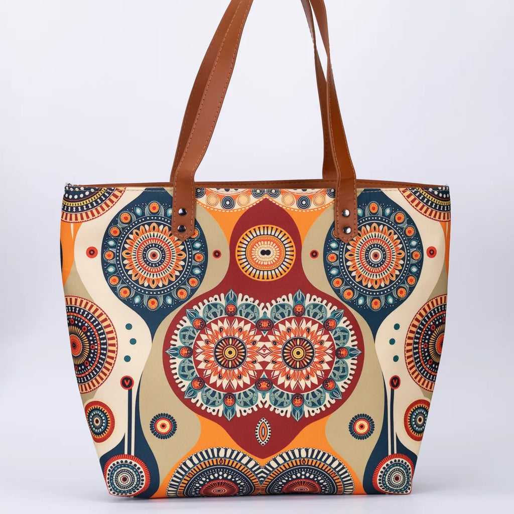 Cream and Orange Geometric No Back Zipper