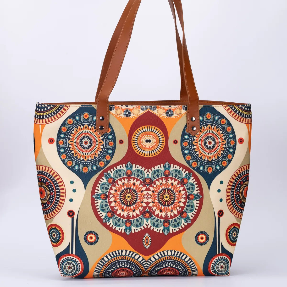 Cream and Orange Geometric No Back Zipper